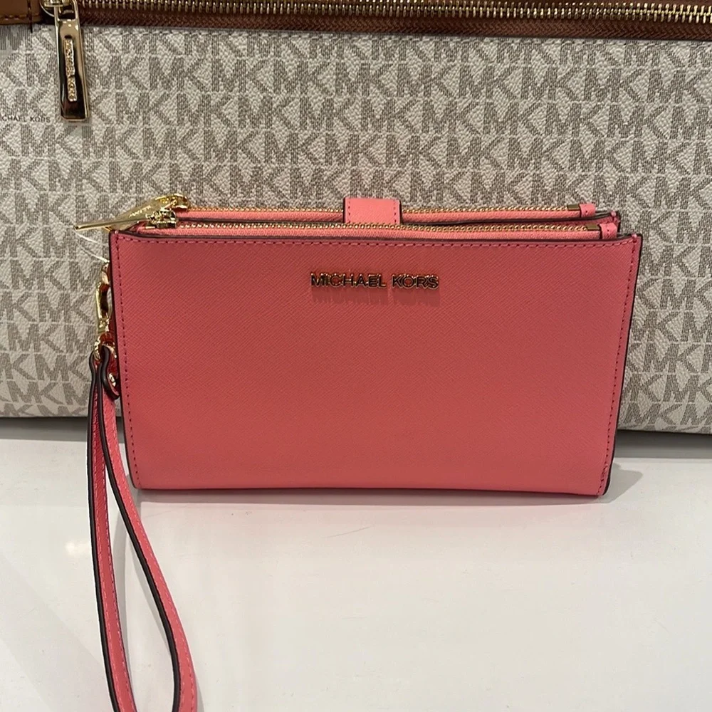 MICHAEL KORS LARGE DOUBLE ZIP WRISTLET WALLET PHONE CASE CLUTCH Tea Rose NWT